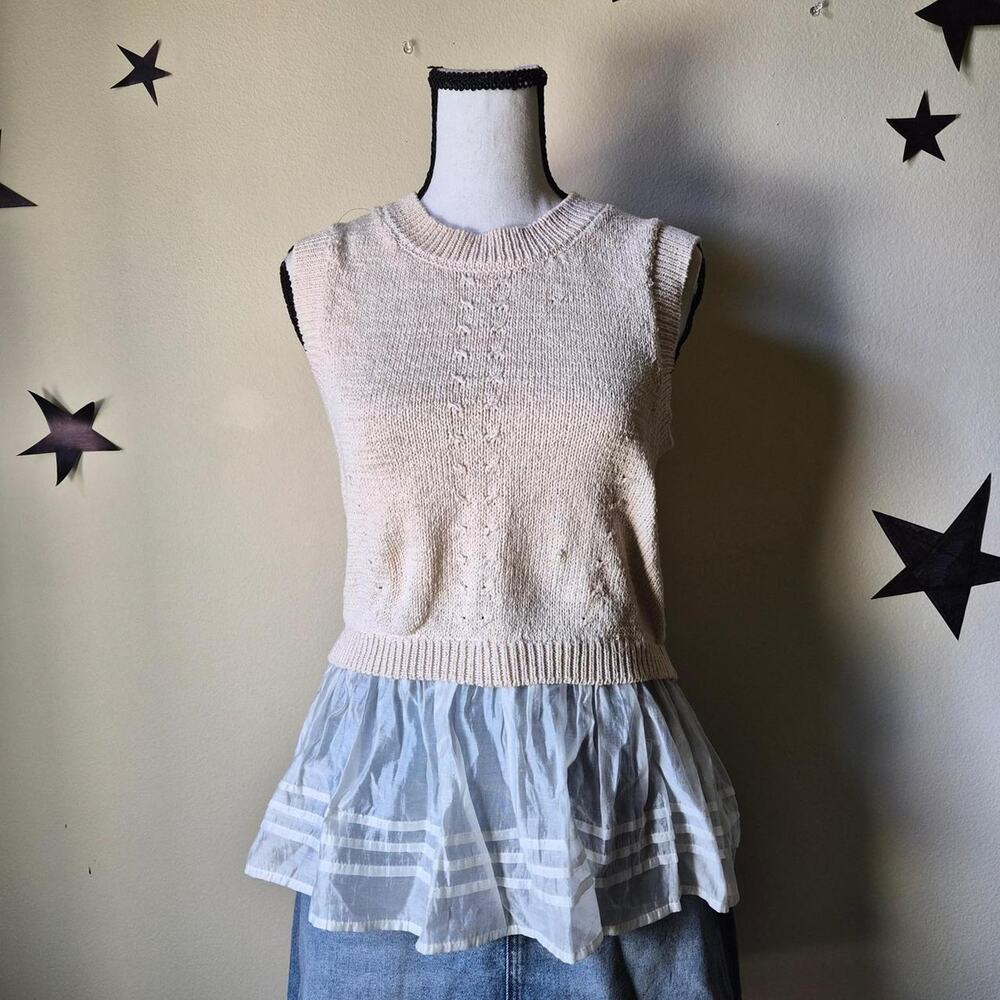 ASTR The Label Sheer Peplum Sweater Vest Cream M Coquette Preppy Old Money Boho